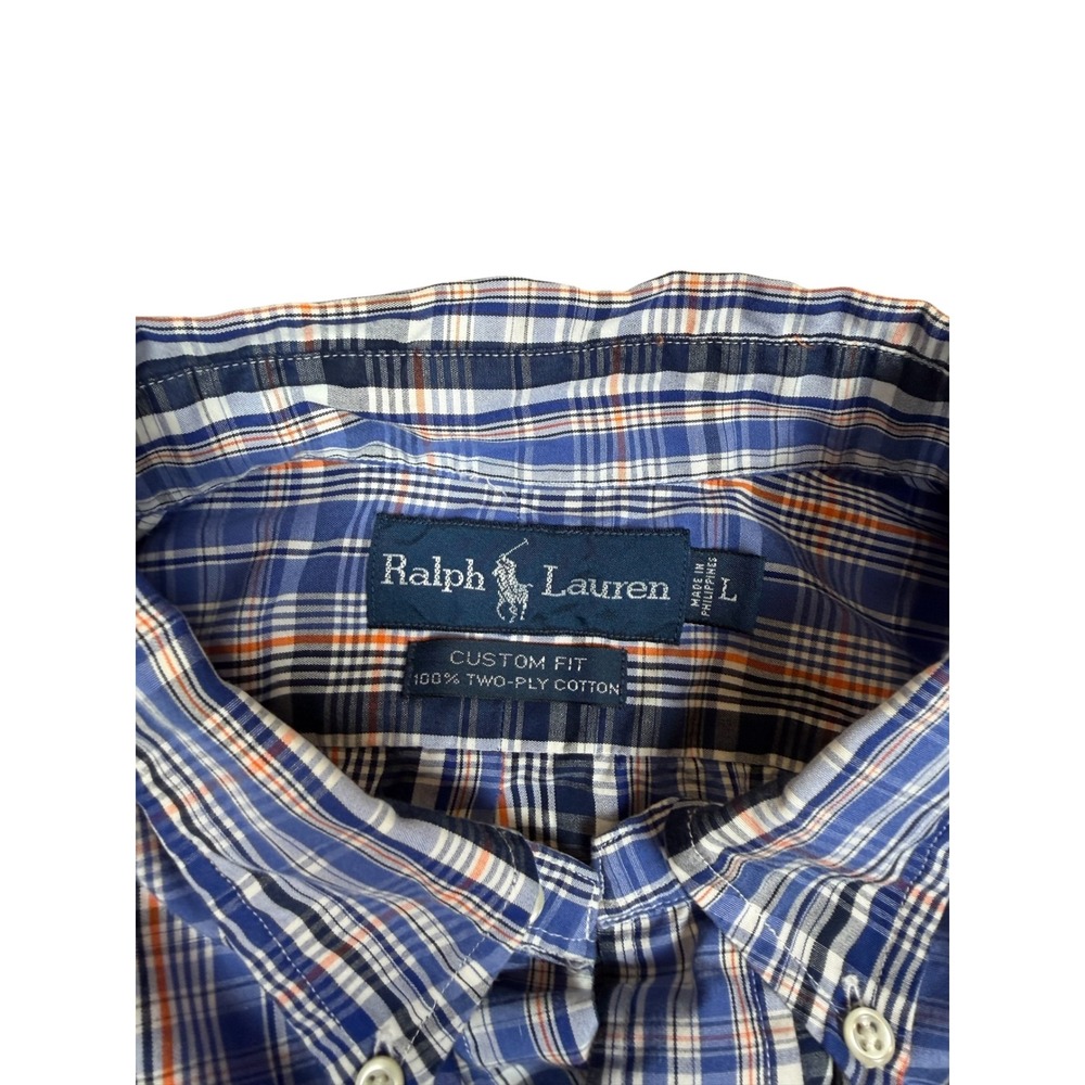 Ralph Lauren Mens Custom Fit Blue Orange Plaid Button Down Shirt Large L Pony - Picture 2 of 6